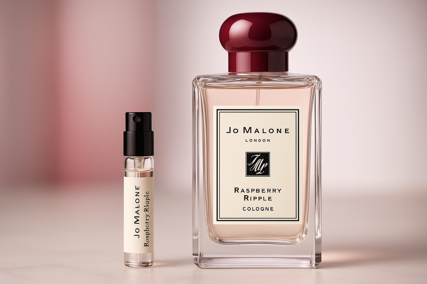 Jo Malone Raspberry Ripple Cologne 香水样品,1ml 香水样品放在 100ml 大小的 Jo Malone Raspberry Ripple Cologne 香水瓶旁边