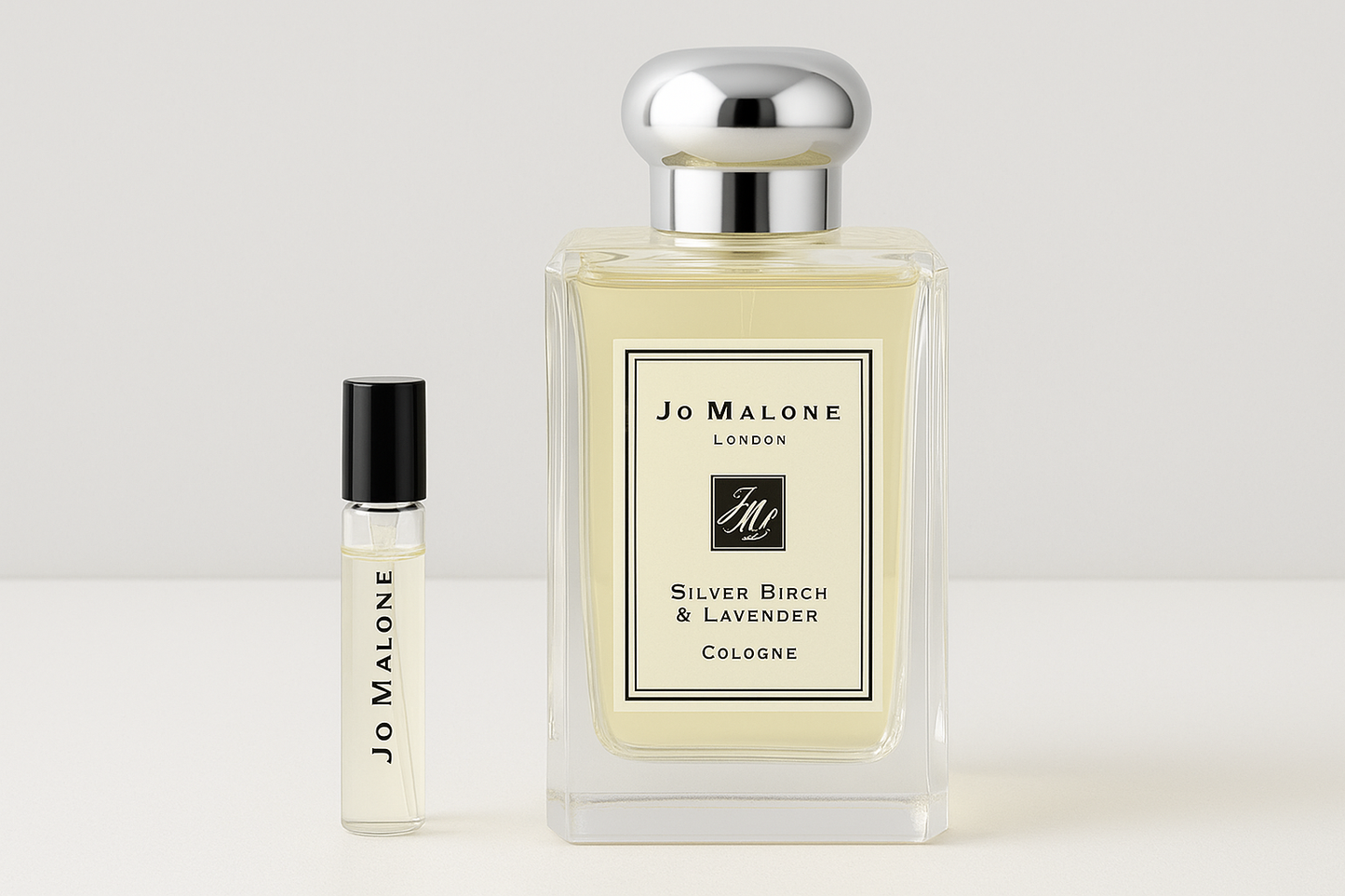 Jo Malone 银桦树与薰衣草古龙水香水样品,6ml 香水样品放在 100ml 全尺寸 Jo Malone 银桦树与薰衣草古龙水香水瓶旁边