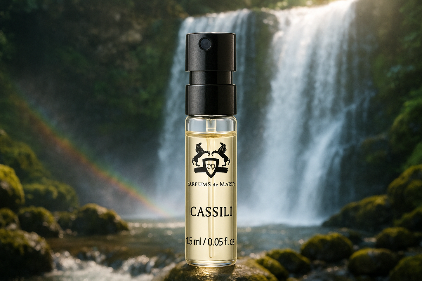 Parfums de Marly Cassili 官方香水样品 1.5ml 0.05 fl.o.z. 香水测试仪,背景为瀑布