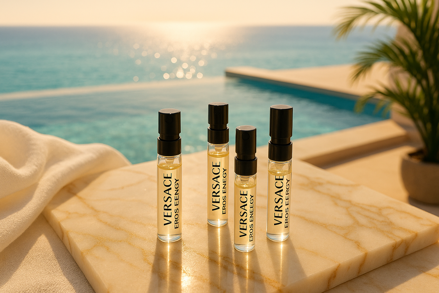 Versace Eros Energy 香水样品,背景是时尚的海景和泳池