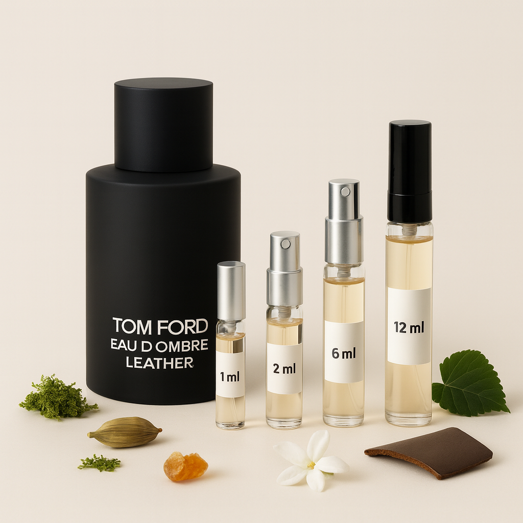 Tom Ford Eau d’Ombre Leather 瓶身，搭配 1ml、2ml、6ml、12ml 试用喷雾，置于浅色背景上，并点缀小豆蔻、茉莉、琥珀、苔藓与皮革元素