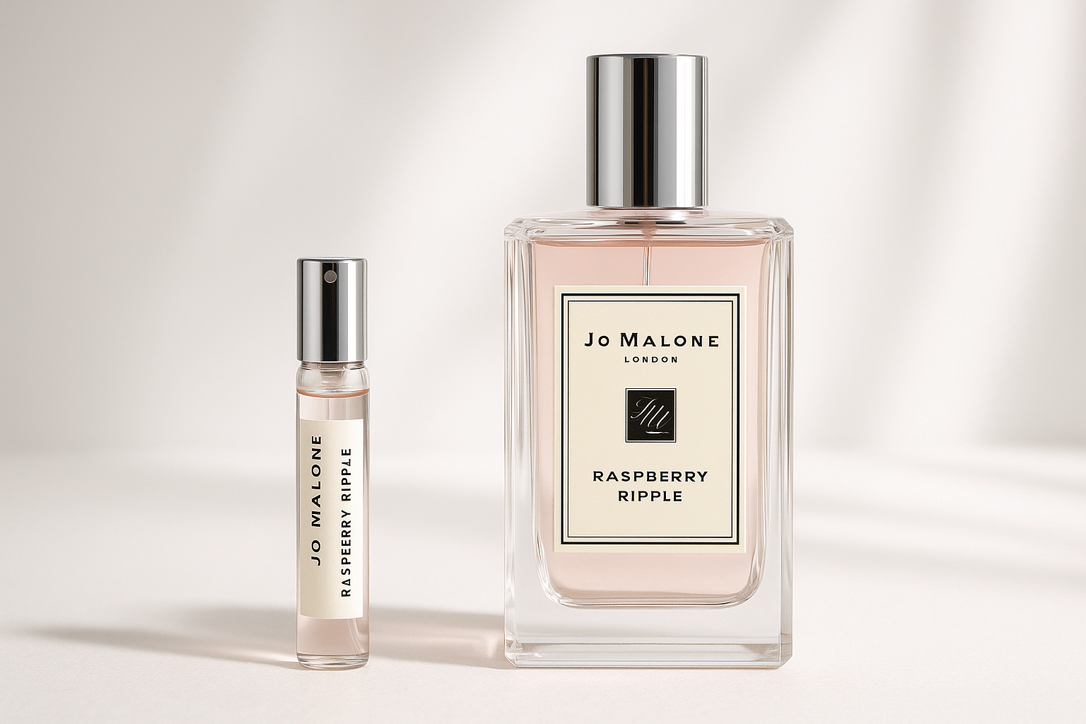 Jo Malone Raspberry Ripple 2ml 香水样品与 100ml Jo Malone Raspberry Ripple 香水瓶放在一起