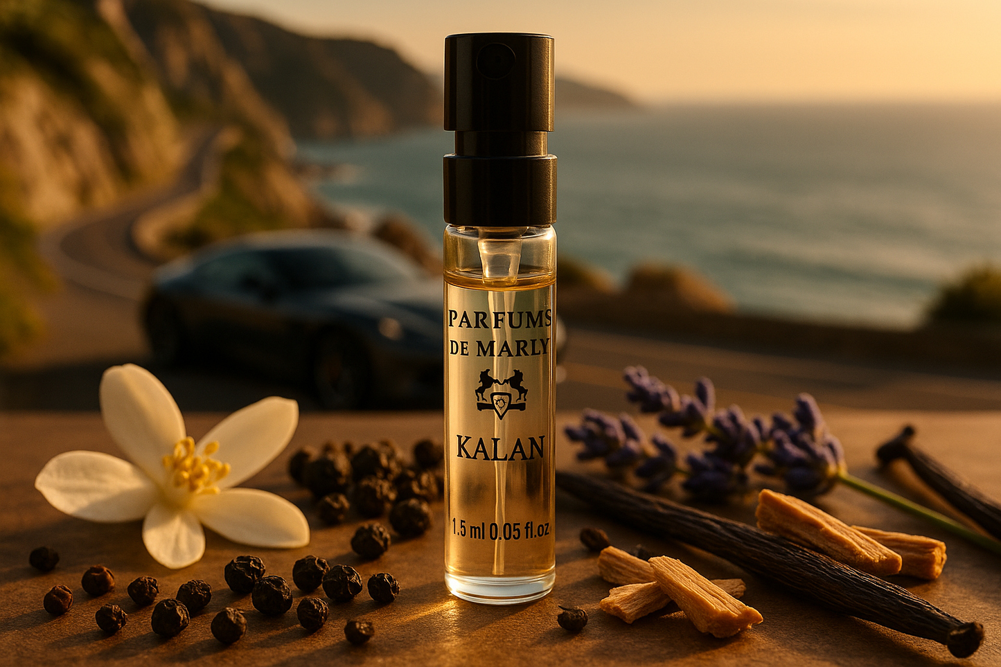Parfums De Marly Kalan 官方香水样品 1.5ml 0.05 fl. o.z 香水测试仪，背景是海边的豪车，样品周围环绕着 Kalan 香水的香调