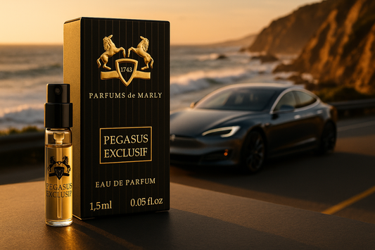 Parfums De Marly Pegasus Exclusif 官方香水样品 1.5ml 0.05 fl. o.z. 香水测试仪，背景是海岸边的豪华电动车