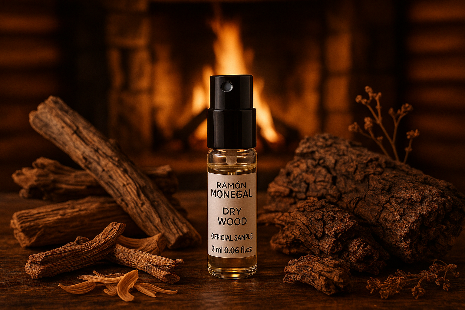 Ramon Monegal Dry Wood 官方香水样品 2ml 0.06 fl.o.z. 香水试用装，背景为山间小屋的明火，样品被 Dry Wood 香调包围