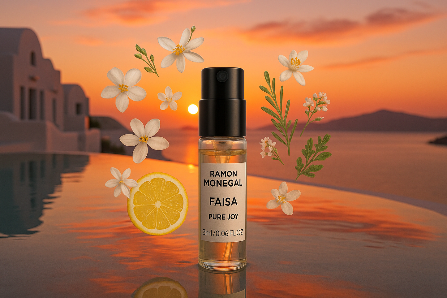 Ramon Monegal Faisa Pure Joy 官方香水样品 2ml 0.06 fl.o.z. 香水试用装，背景为圣托里尼岛泳池的日落，样品被 Faisa Pure Joy 香氛包围