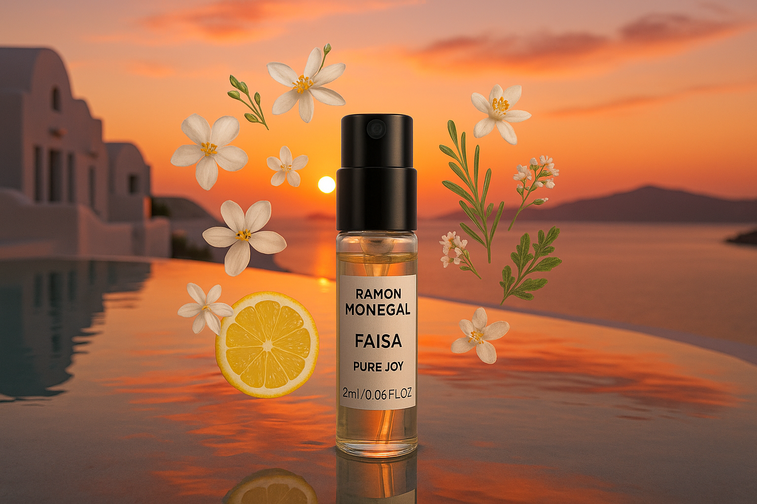 Ramon Monegal Faisa Pure Joy 官方香水样品 2ml 0.06 fl.o.z. 香水试用装，背景为圣托里尼岛泳池的日落，样品被 Faisa Pure Joy 香氛包围